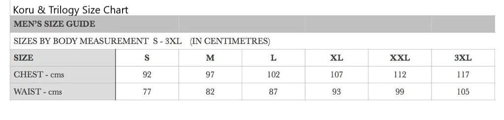 Koru & Trilogy Men's Size Chart